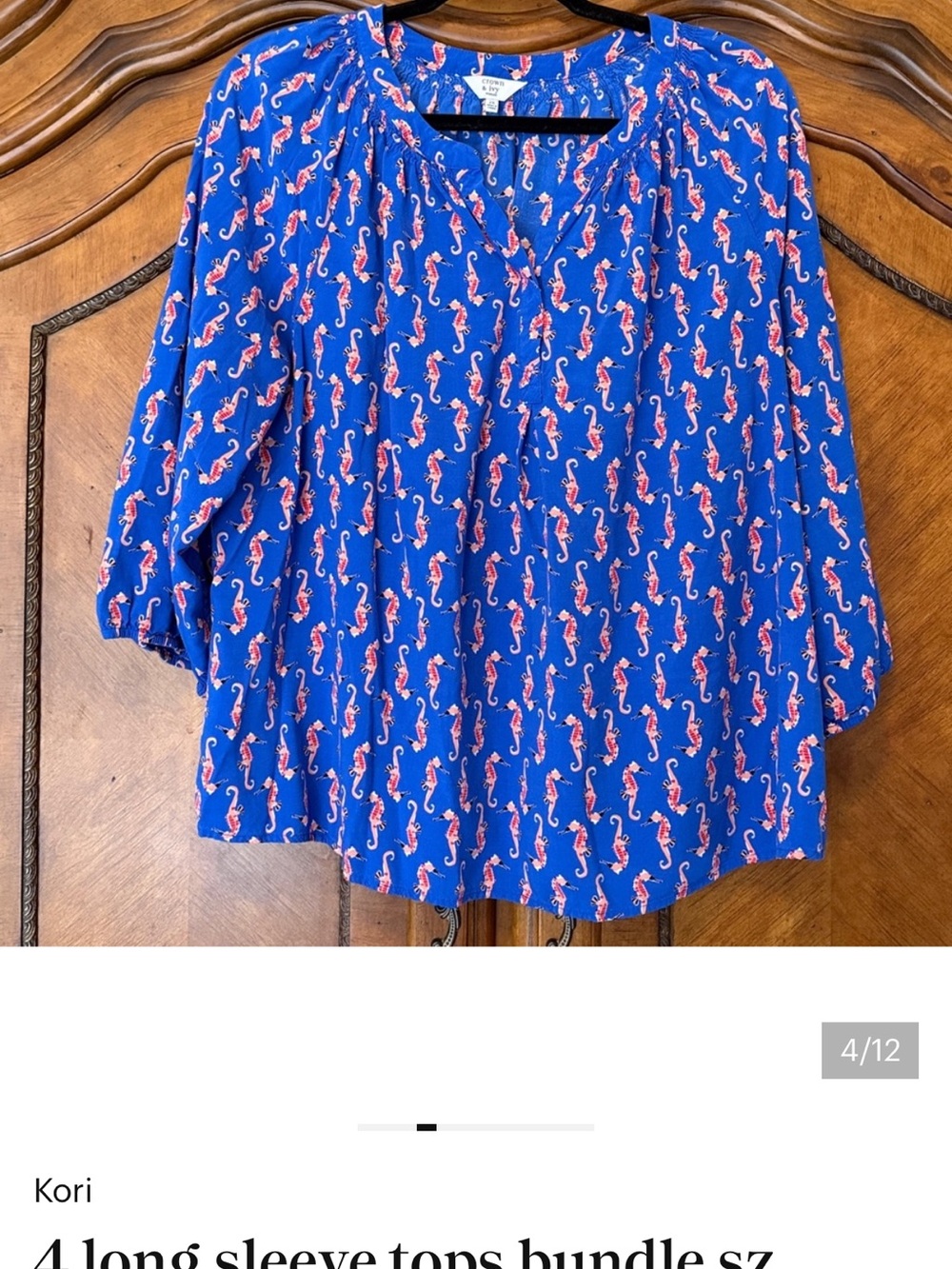 crown & ivy Royal Blue Seahorse Print Peasant Top